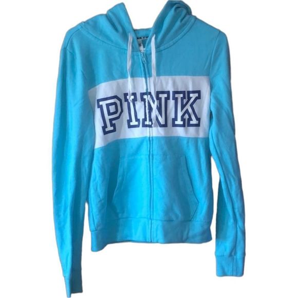 PINK Victoria's Secret Jackets & Blazers - •PINK•TURQUOISE BLUE LOGO FULL ZIP HOODIE JACKET SIZE SMALL (EUC/LIKE NEW)